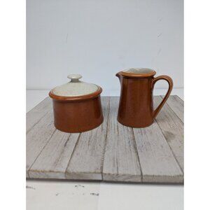 Imperial W. Dalton Stoneware Creamer Sugar w lid Set Speckled Tangerine Vintage